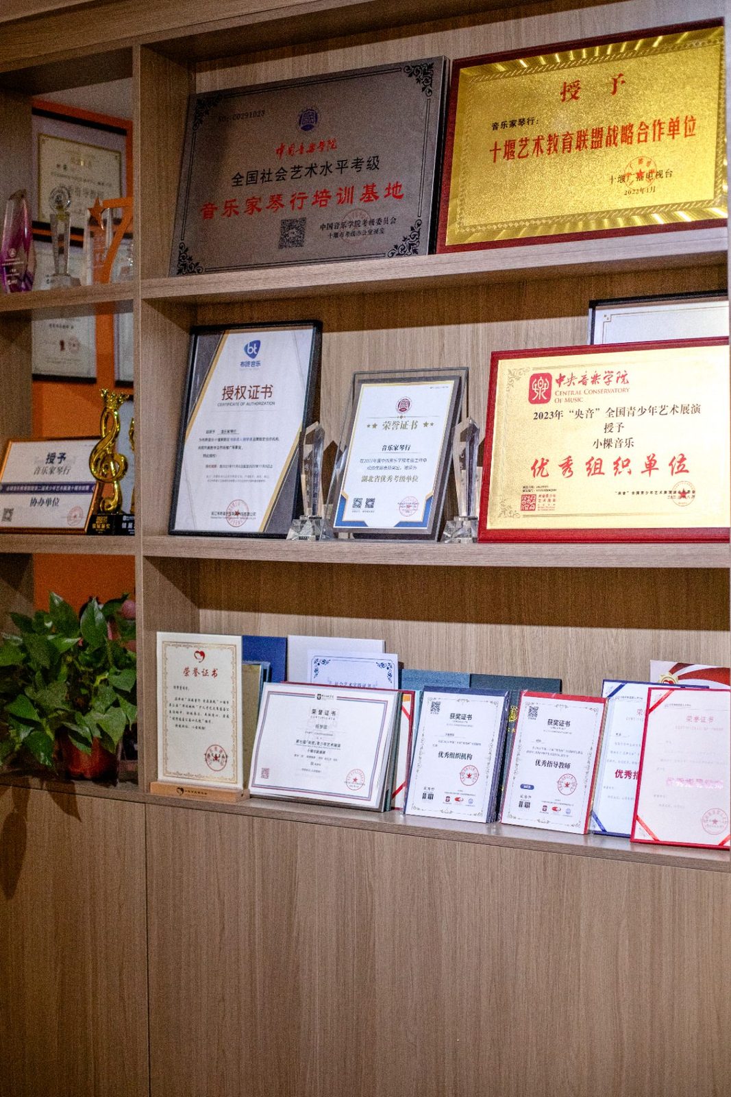 荣誉墙：中国音乐学院音乐家琴行培训基地、央音展演优秀组织单位等牌匾